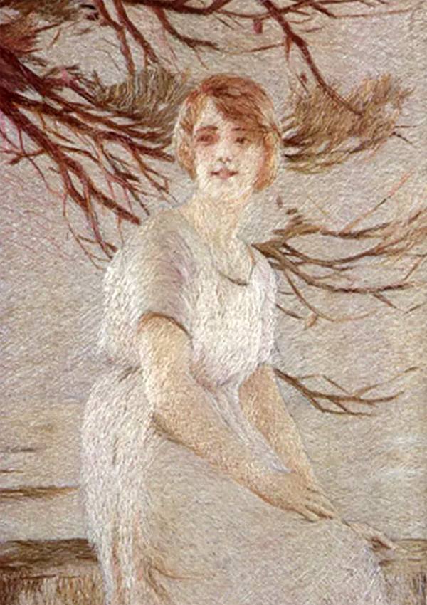 hand embroidered silk painting 'the girl' by embroidery artist Yang Shouyu