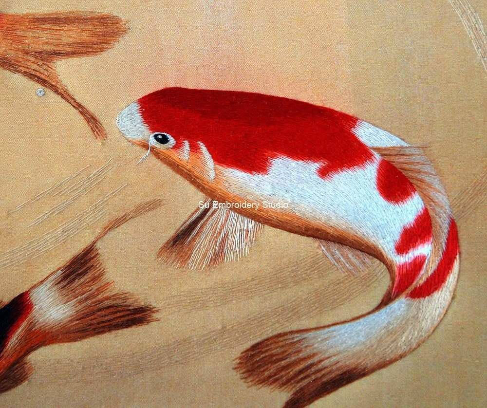 closeup of silk embroidery koi fish