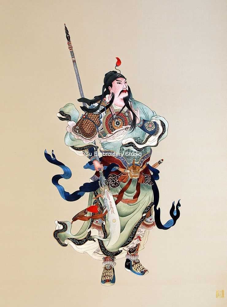 guan gong standing with his blade, a hand embroidered chinese silk painting with silk threads