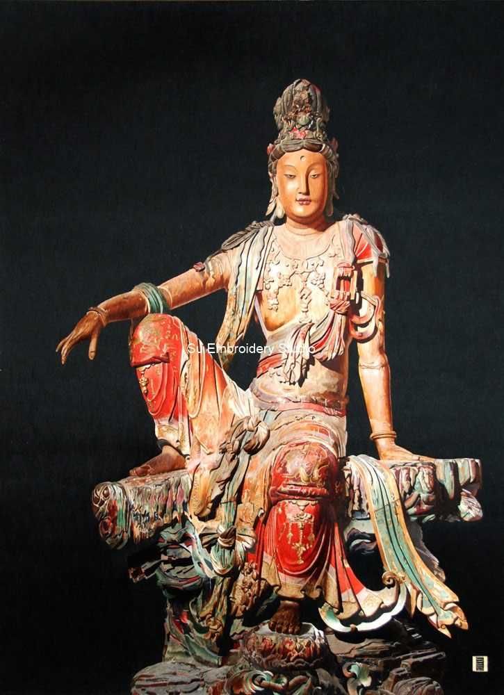 seated guanyin, hand embroidered chinese silk art