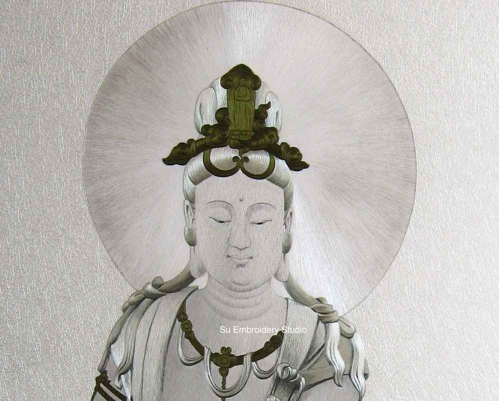 closeup of chinese silk embroidery guanyin