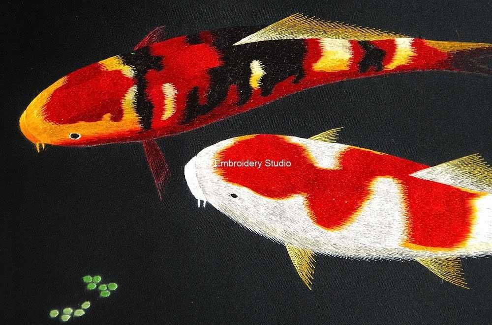 closeup hand embroidered sik art Koi Fish